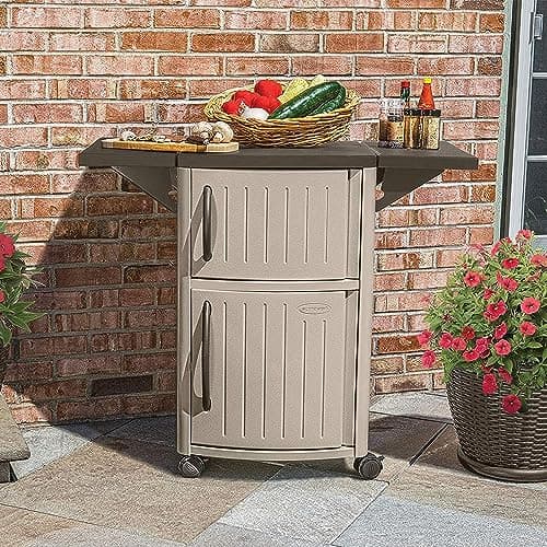 Suncast Outdoor Patio Grill Prep Station Cart with 2 Storage Cabinets, Light Taupe/Mocha