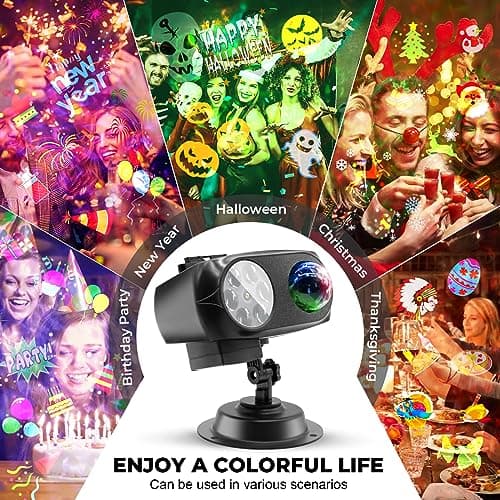 Halloween Christmas Projector Lights Outdoor Waterproof,15W Brighter HD Ocean Wave Effect,12 Slides 96 No Fade Pictures for Thanksgiving,New Year LED Projector Decoration