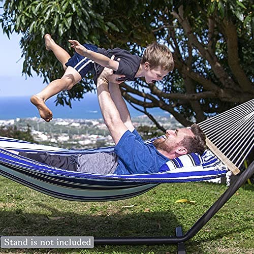 SUNCREAT Hammocks Quilted Fabric Hammock, Double Hammock with Spreader Bar, Soft Pillow, Max 475lbs Capacity, Blue Stripes