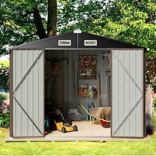 GVDV 8x6 FT Outdoor Storage Shed with Air Vent & Lockable Doors, Durable Metal Outside Storage for Garden, Patio and Backyard, Waterproof Shelter for Tools, Bike (7.33'x5.28' Base, No Floor)