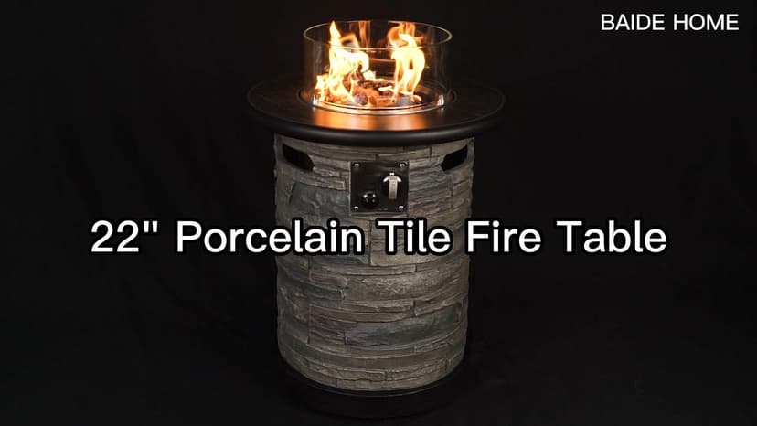 Outdoor Gas Propane Fire Pit Table, Round Porcelain Tile Top 22" Fire Bowl Column W/ 40,000 BTU Firepit Table Auto-Ignition 400D Cover Glass Rocks for Outside Patio