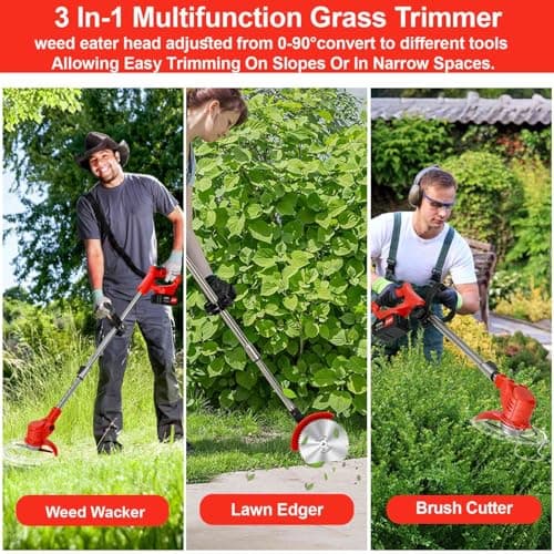 Weed Wacker Cordless,24v Electric Weed Eater Battery Powered,3 in 1 Lightweight Grass Trimmer with 2 4.0 Ah Batteries & Charger,Height Adjustable Wheeled Brush Cutte for Lawn Care,Garden,Yard (red)