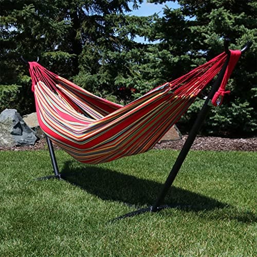 Sunnydaze Double Brazilian Hammock with Stand and Carrying Case - 400-Pound Capacity - Black Stand - Sunset