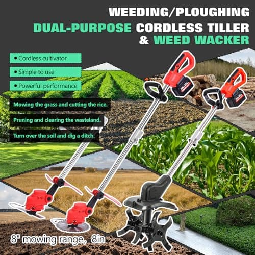 21V Cordless 2-in-1 Tiller & Weed Whacker Combo | 12"x9" Rototiller, 4x4 Blades & 8" Trimmer - 2×21v Battery, 360 RPM for Gardening, Garden Tiller, Electric Tiller, Cultivators for Gardening