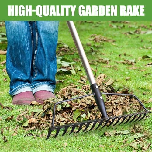 Garden Rake, Carbon Steel Sturdy and Heavy Duty Carbon Rake, Bow Rake with Adjustable Stainless Steel Handle, Long Hand for Loosening Soil Leveling Mulch Gathering Leaf