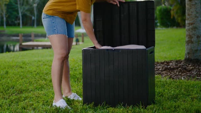 Keter City 30 Gallon Resin Outdoor Storage Box and Patio Furniture Side Table for Pool and Garden Accessories, Brown