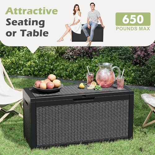 Deck Box, 60 Gallon Outdoor Storage Box Lockable Patio Waterproof for Furniture, Garden Tools, Sports Equipment and Pool Supplies, Waterproof, Resin, Lockable