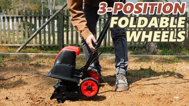 MZK 16-Inch 13.5-Amp Corded Electric Tiller/Cultivator, 8-inch tillling Depth with Adjustable Wheels, Foldable Electric Rototiller for Garden Soil Digging