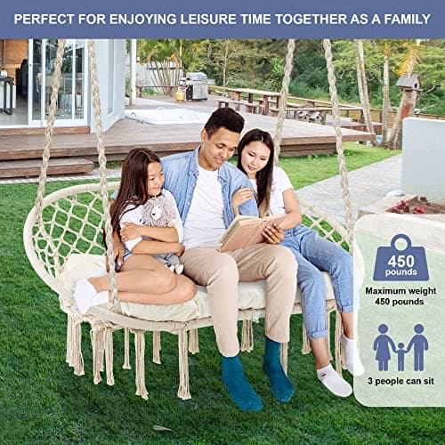Hammock Chair Macrame Hanging Swing with Cushion,Hanging Cotton Ropes, Metal Frame, 450 lbs Capacity Indoor Outdoor, Patio, Balcony, Living,Deck, Yard, Garden(Double Swing) Beige