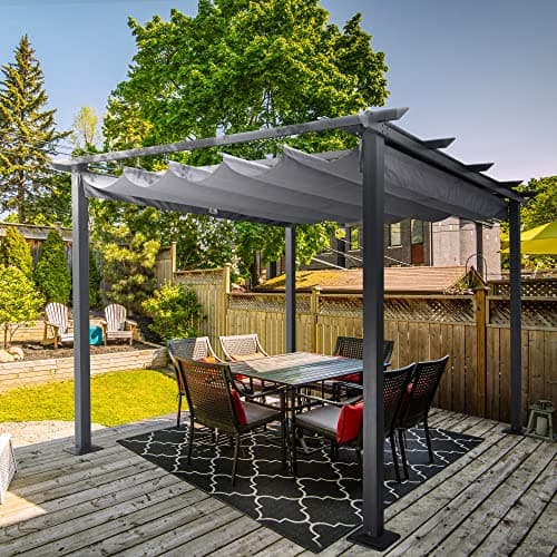 HAPPATIO 10' X 10' Pergola Retractable Canopy for Backyards, Gardens, Patios, Outdoor Pergola with Sun Shade Canopy, Includes Ground Studs and Expansion Screws (Grey)
