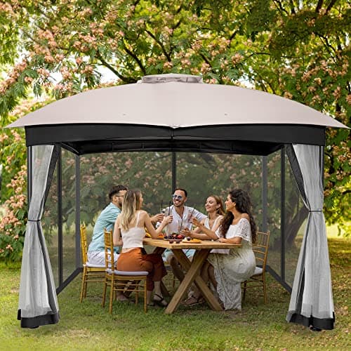 FAB BASED 10x12 Gazebo, Double Vent Canopy Gazebo for Outdoor with Privacy Netting, Easy Setup Patio Pavilion with Steel Frame Strong Legs for Lawn, Backyard, Deck (Ash Grey)