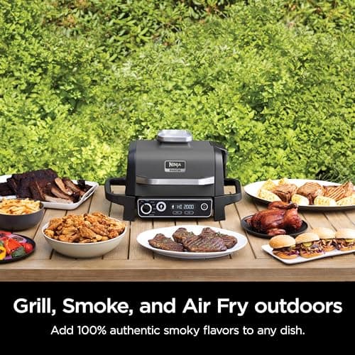 Ninja | Woodfire Series | 7-in-1 (Grill, BBQ, Roast, Air Fry, Dehydrate, Broil, Smoke) | Portable & Weather Resistant | Cook Up To 6 Steaks & 30 Hot Dogs | Woodfire Pellets included | OG701