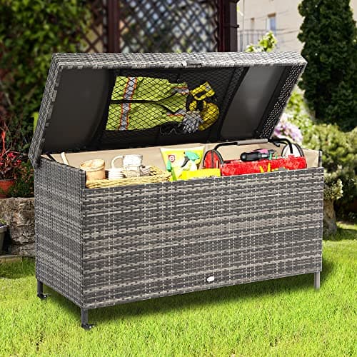 YITAHOME 200 Gallon Large Wicker Deck Box w/Storage Net, Rattan XL Outdoor Storage Box Patio Cushion Storage, Waterproof Storage Box for Patio Furniture, Garden Tools, Pool Sports Equipment (Grey)