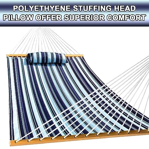 SZHLUX Outdoor Quilted Fabric Hammock with Spreader Bars and Detachable Pillow and Chains,Outdoor Patio Backyard Poolside, 450 LBS Weight Capacity, Catalina Beach