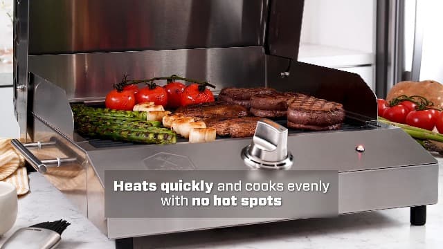 KENYON G2 Portable Tabletop Electric Grill, 1440W Single Burner, Stainless Steel Body, Cast Aluminum Grate, UL Approved Grill For Indoor And Outdoor Use, Removable Lid, Dishwasher Safe, 120Volts