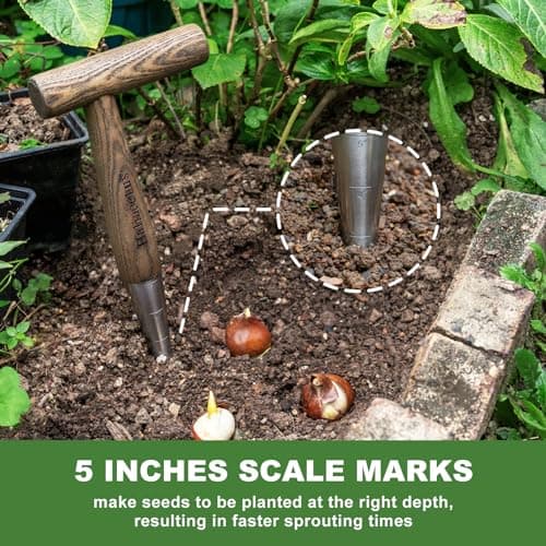 Hand Dibber with 5 inches Measuring Scale, Easy to Grip L-Shaped Wood Handle Dibbler, Seeding Widger, Stainless Steel Garden Planting Trowel for Repotting, Long and Narrow Widger for Planting, Weeding