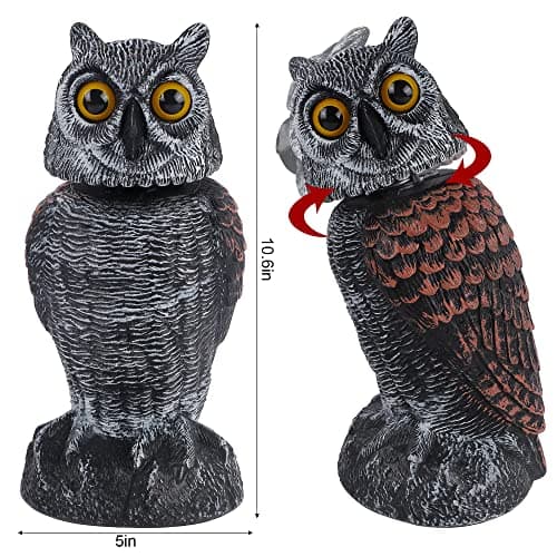 Hausse 2 Pack Fake Owl Decoys to Scare Birds Away, Rotating Head Plastic Owl Bird Deterrents, 10.6 Inch Height Bird Scarecrow Nature Enemy Horned Pest Repellent for Outdoor Garden Yard
