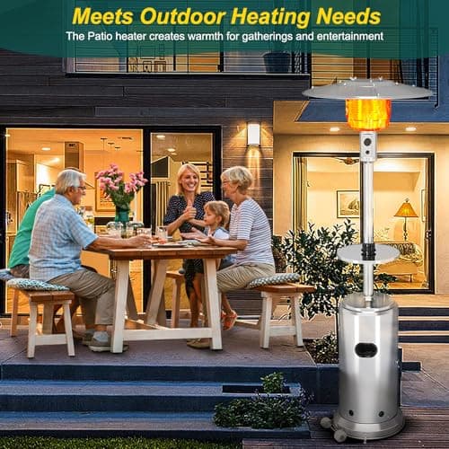 Stainless Steel Propane Patio Heater,48000BTU Outdoor Gas Heater with Ignition Systems and Wheels, Deck Heater for Backyard Garden Restaurant Cafes,Double-Layer Burner,Cover Up 200 Sq.ft