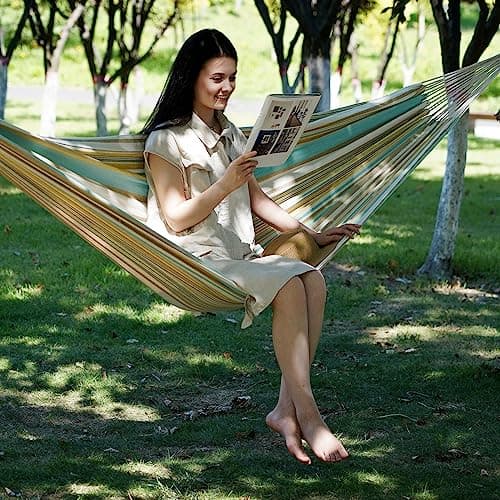 Brazilian Hammock with Tree Straps - Cotton Hammocks Portable Hammock with Carry Bag for Backyard, Porch, Outdoor and Indoor Use Yellow & Green