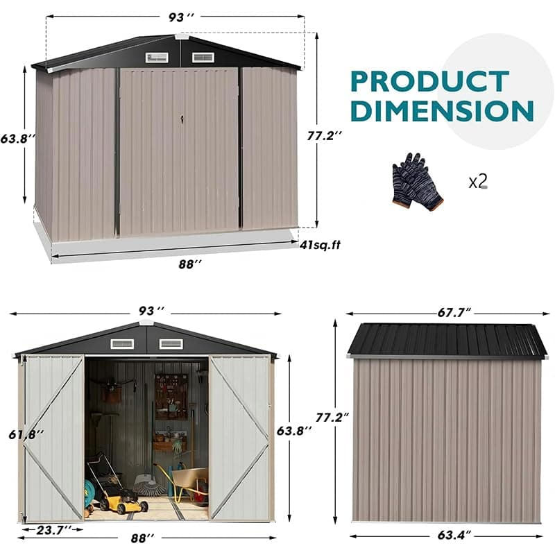 GVDV 8x6 FT Outdoor Storage Shed with Air Vent & Lockable Doors, Durable Metal Outside Storage for Garden, Patio and Backyard, Waterproof Shelter for Tools, Bike (7.33'x5.28' Base, No Floor)