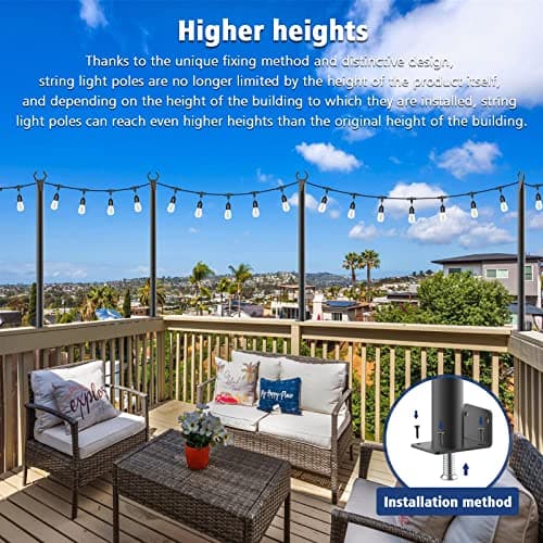 2 Pack 5 Ft Hangingfor String Light Poles with Fixing Clips and Suspended Base,Freestanding Outdoor Light Poles for Deck Bistro