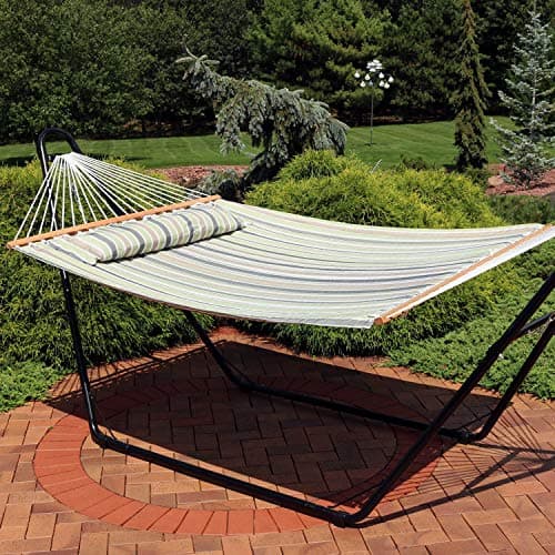Sunnydaze Quilted Outdoor Hammock with Spreader Bars - Heavy-Duty 450-Pound Capacity Double Hammock for Outside - Khaki Stripe