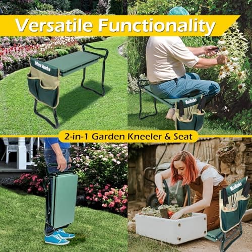 MaxWorks 50921 Folding Garden Kneeler Stool with 8 inch Wide Kneeling Pad, with 1 Tools Pouch for Planting and Gardening