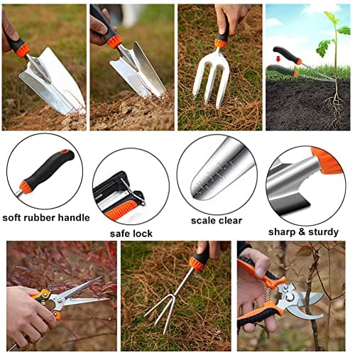 Garden Tool Set,10 PCS Stainless Steel Heavy Duty Gardening Tool Set with Soft Rubberized Non-Slip Ergonomic Handle Storage Tote Bag,Gardening Tool Set Gifts for Women and Men