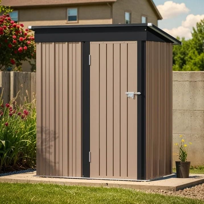 Greesum 5×3 FT Outdoor Storage Shed, Metal Storaged Sheds Without Floor, Tool Sheds with Lockable Doors and Slooping Roof for Garden, Patio, Backyard, Brown