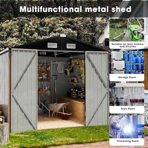 GVDV 8x6 FT Outdoor Storage Shed with Air Vent & Lockable Doors, Durable Metal Outside Storage for Garden, Patio and Backyard, Waterproof Shelter for Tools, Bike (7.33'x5.28' Base, No Floor)
