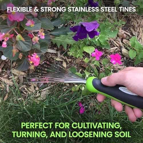 Garden Guru Stainless Steel Hand Rake Soil Tiller with Ergonomic Handle, Great for Gardening, Cultivating, Loosening Soil & Spreading Mulch, Raking Flower Beds
