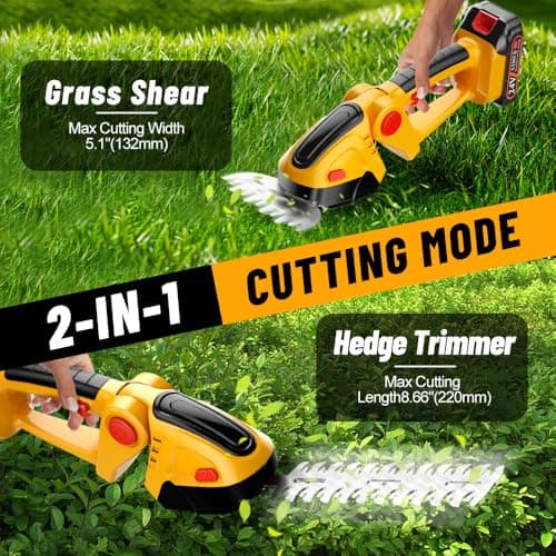 Hedge Trimmer Cordless with 21V Battery - 2 in 1 Electric Shrubbery Trimmer, Handheld Grass Shear Cutter Lightweight-Mini-Grass-Trimmer Bush Trimmer for Garden Yard Lawn Pruning