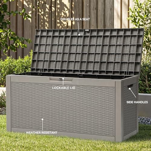 YITAHOME 60 Gallon Resin Deck Box, Weather Resistant Outdoor Rattan Storage Box, Lockable Indoor Outdoor Storage for Supplies and Essentials, Taupe