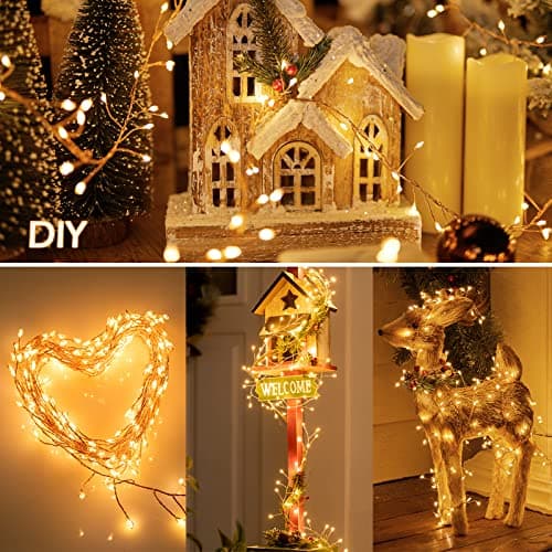 Minetom Fairy Lights Plug in, 10Feet 200 Led Cluster Lights Waterproof Firecracker Starry String Lights for Ceiling Bedroom Wreath Window Wedding Christmas Tree Decoration, Warm White (No Remote)