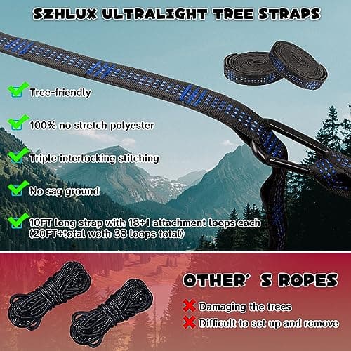 SZHLUX Hammock Straps for Trees - Set of Two 10ft Long, with 38 Loops & 2 Carabiners| Essential Hammock Accessories