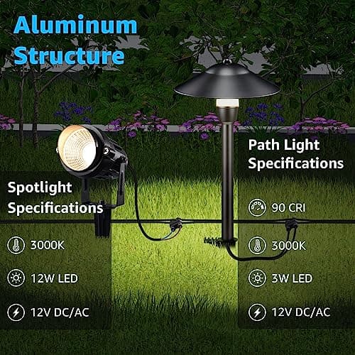 SUNVIE LED Landscape Lights 12V Aluminum Low Voltage Pathway Lights with Stake, Waterproof for Walkway Yard Garden, 12 Pack with Connectors