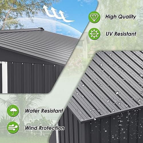 6x8 FT Outdoor Storage Shed, Metal Shed Kit with Double Doorknobs and Air Vents, Double Sloping Roof Garden Shed, Galvanized Shed with Sliding Door (Grey)