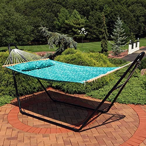 Sunnydaze Quilted Outdoor Hammock with Spreader Bars - Heavy-Duty 450-Pound Capacity Double Hammock for Outside - Cool Blue Tropics