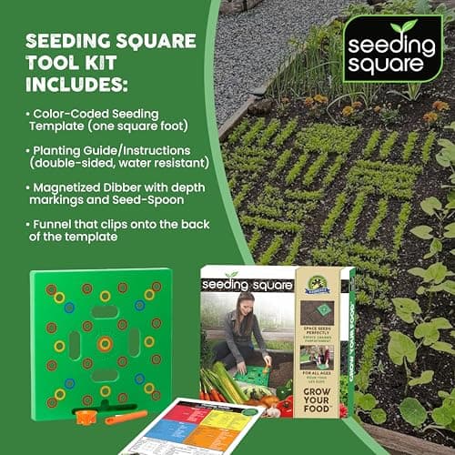 Seeding Square - Patented Seed and Seedling Spacer Tool for Bigger Harvests, Organized Plants & Fewer Weeds – Color-Coded Gardening Template with Magnetic Dibber, Ruler & Planting Guide