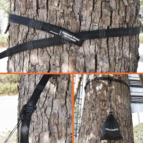 Gold Armour Hammock Straps XL Combined 20 Ft Long, 36 Loops with 2 Carabiners - Must Have Camping Hammock Accessories & Gear to Hang Camping Hammocks (Black with Black Stitching)
