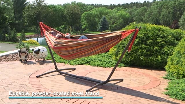 Sunnydaze Double Brazilian Hammock with Stand and Carrying Case - 400-Pound Capacity - Black Stand - Sunset