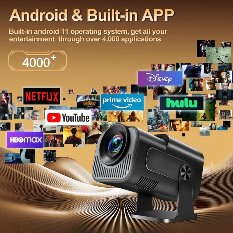 Projector 1080P Full HD, 4K Projector with 180° Rotation, Built-in App Portable Projector WiFi 6 & Bluetooth 5.2 Support,Featuring Auto Keystone Correction,HDMI/USB Connectivity Projector Black