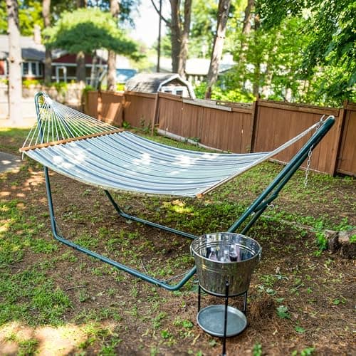 Sunnydaze Quilted Outdoor Hammock with Spreader Bars - Heavy-Duty 450-Pound Capacity Double Hammock for Outside - Khaki Stripe