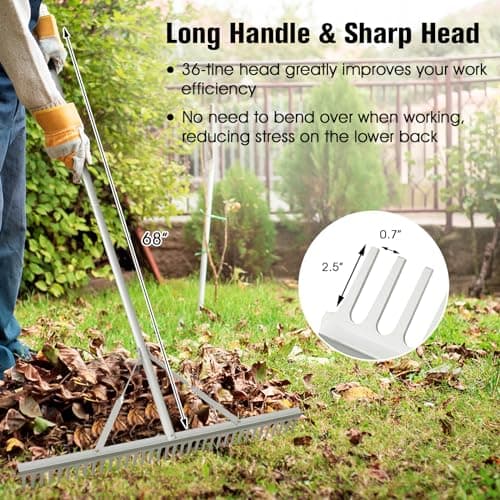 Goplus Landscape Rake 36 Inch, Aluminum Rake Head w/36 Tines and 68" Long Non-Slip Handle, Yard Rake Tool for Loosening & Leveling Soil, Landscaping Rake Beach Garden Lawn Care, Collecting Leaves