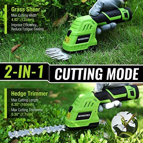 WORKPRO 12V Cordless Grass Shear & Shrubbery Trimmer - 2 in 1 Handheld Hedge Trimmer, Electric Grass Cutter with 2.0Ah Rechargeable Lithium-Ion Battery & 1 Hour Fast Charger