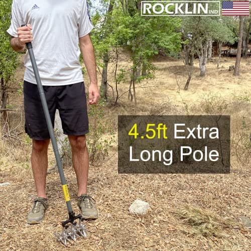 Rocklin Rotary Cultivator Tool - 60” Extra Long Handle - Aluminum Tines - Light Duty - for Softer Soils and Lawns - Also Great for Raised Bed Cultivating