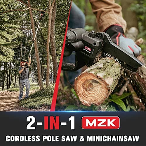 MZK 2-in-1 Cordless Pole Saw & Mini Chainsaw with 3 Replacement Chain, 20V Battery Pole Chainsaw, 4.5" Cutting Capacity, 13ft Reach Pole Saw for Tree Trimming(Battery and Fast Charger Included)