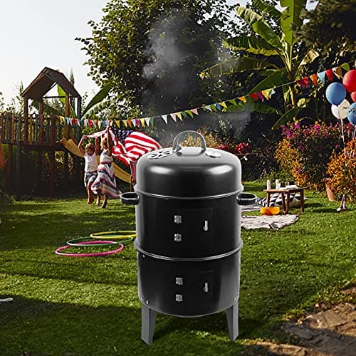 ZXMT 17 Inch Vertical Multi-Layer Steel Charcoal Smoker, Heavy Duty Round Charcoal BBQ Grill for Outdoor Smoking Grill with Thermometer Outdoor Home Party