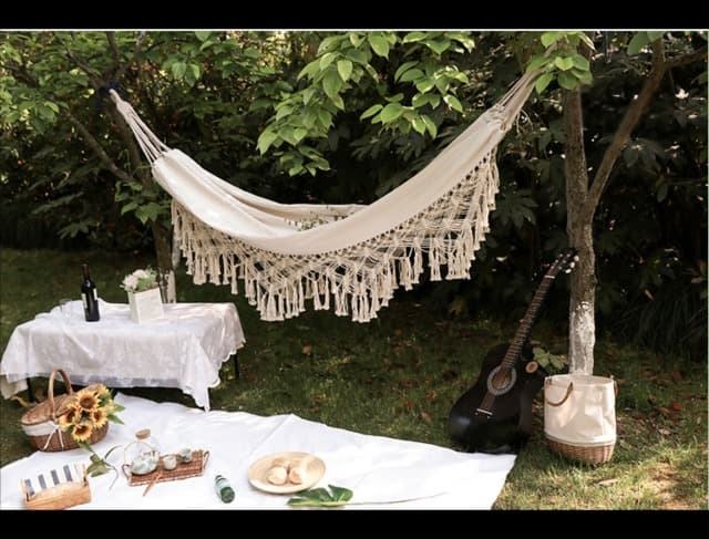Handmade Cotton Woven Balcony Hammock Hanging Rope Chair Porch Swing with Crochet Fringe for Backyard Patio Garden Outdoor and Indoor Boho Style Natural White
