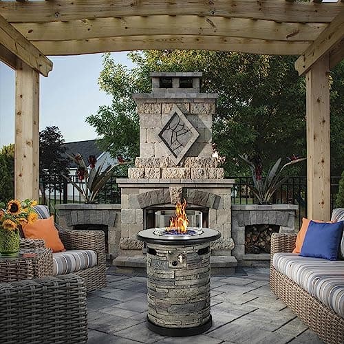 Outdoor Gas Propane Fire Pit Table, Round Porcelain Tile Top 22" Fire Bowl Column W/ 40,000 BTU Firepit Table Auto-Ignition 400D Cover Glass Rocks for Outside Patio